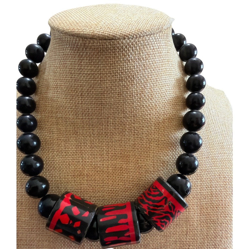 Vintage Japan Black Red Hand Painted Beaded Statement Necklace Chunky